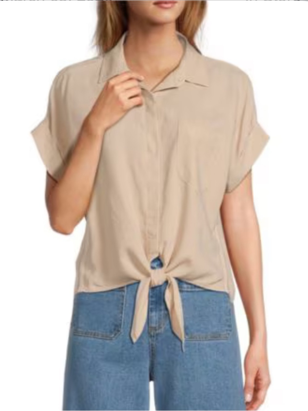 Cloth & Stone Women's Short-Sleeve Tie-Front Shirt - Light Tan/Stone GUC
